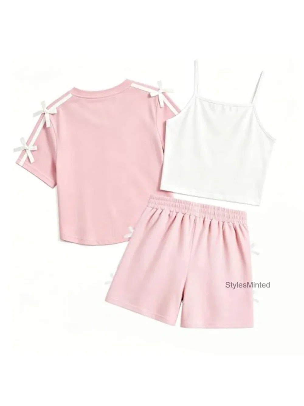 Girls 3 Piece Outfit Crop Top Cami Tank Shorts Bow Knot Summer Set Cotton Blend